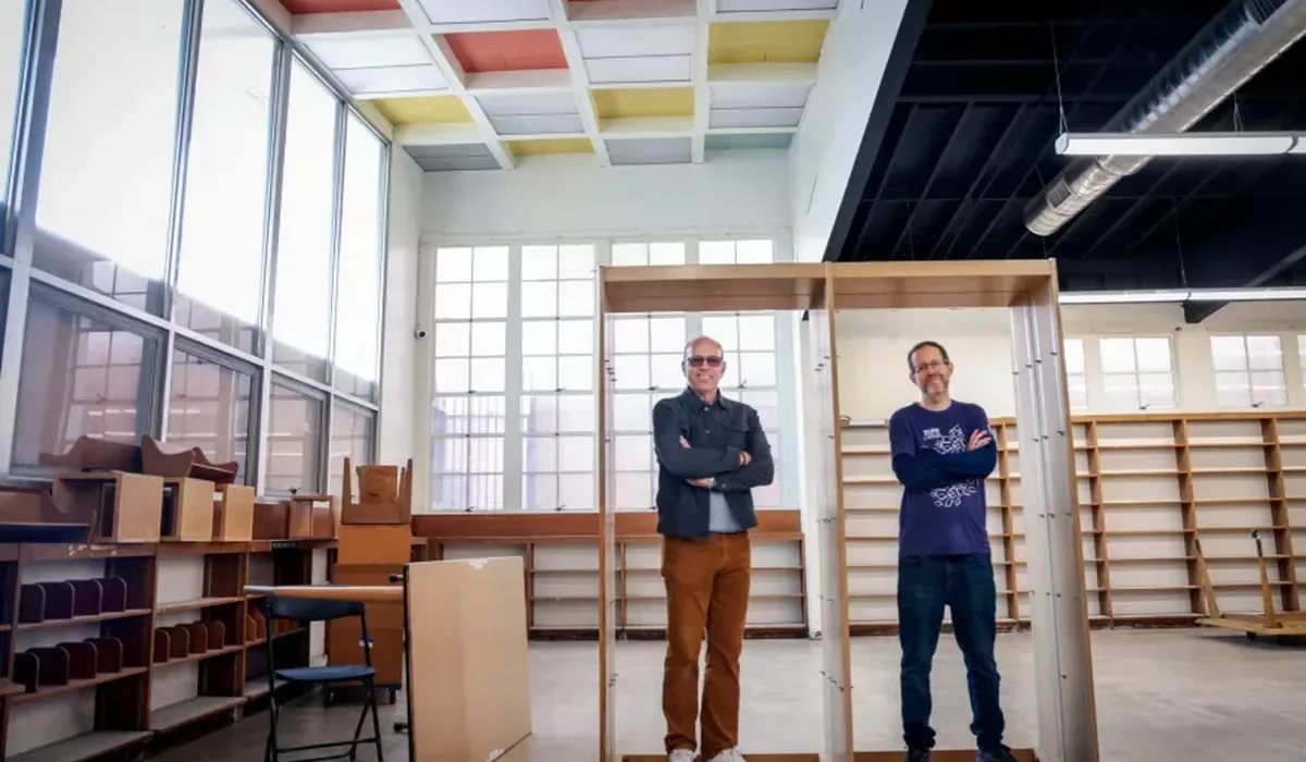 Image contains: Patrick Stewart and Scott Ehrig-Burgess at the old Mission Hills branch of the San Diego public library, which will be converted into a bookstore.