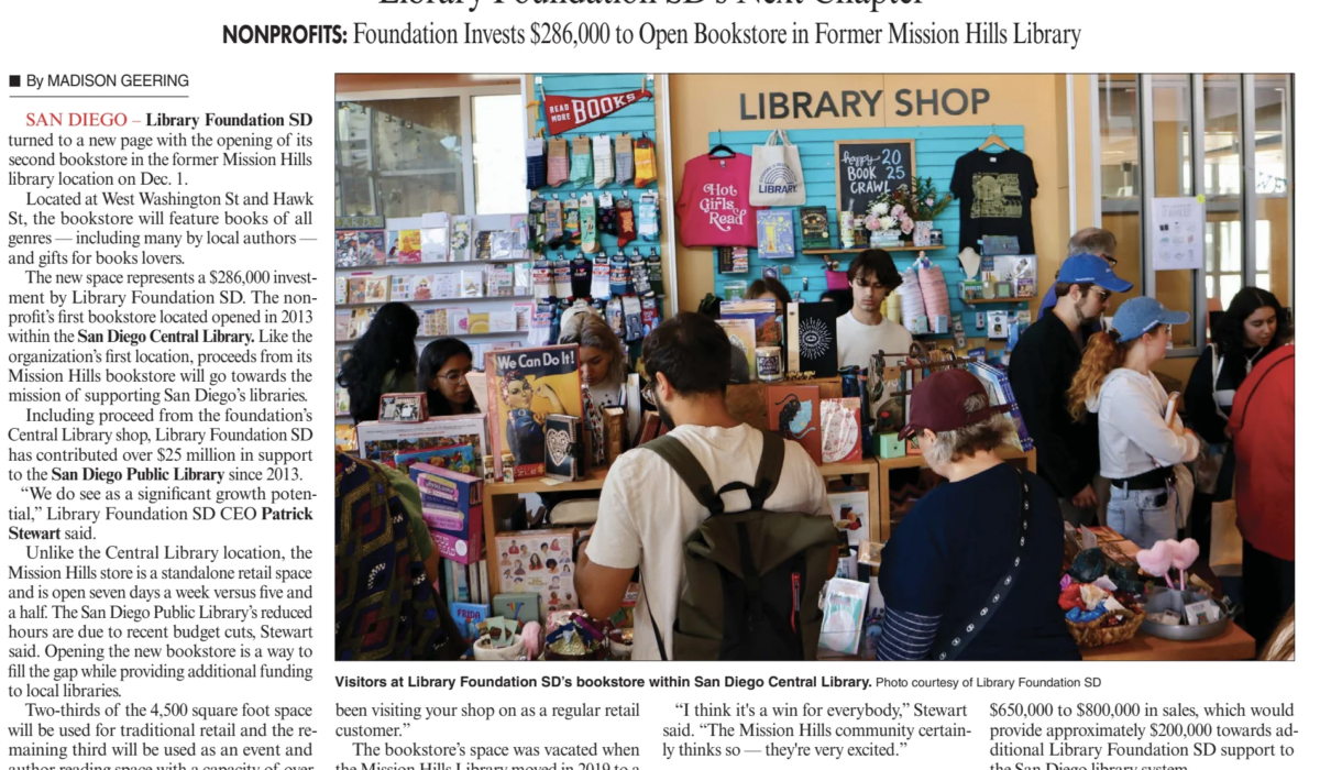 San Diego Business Journal article on Library Shop Mission Hills