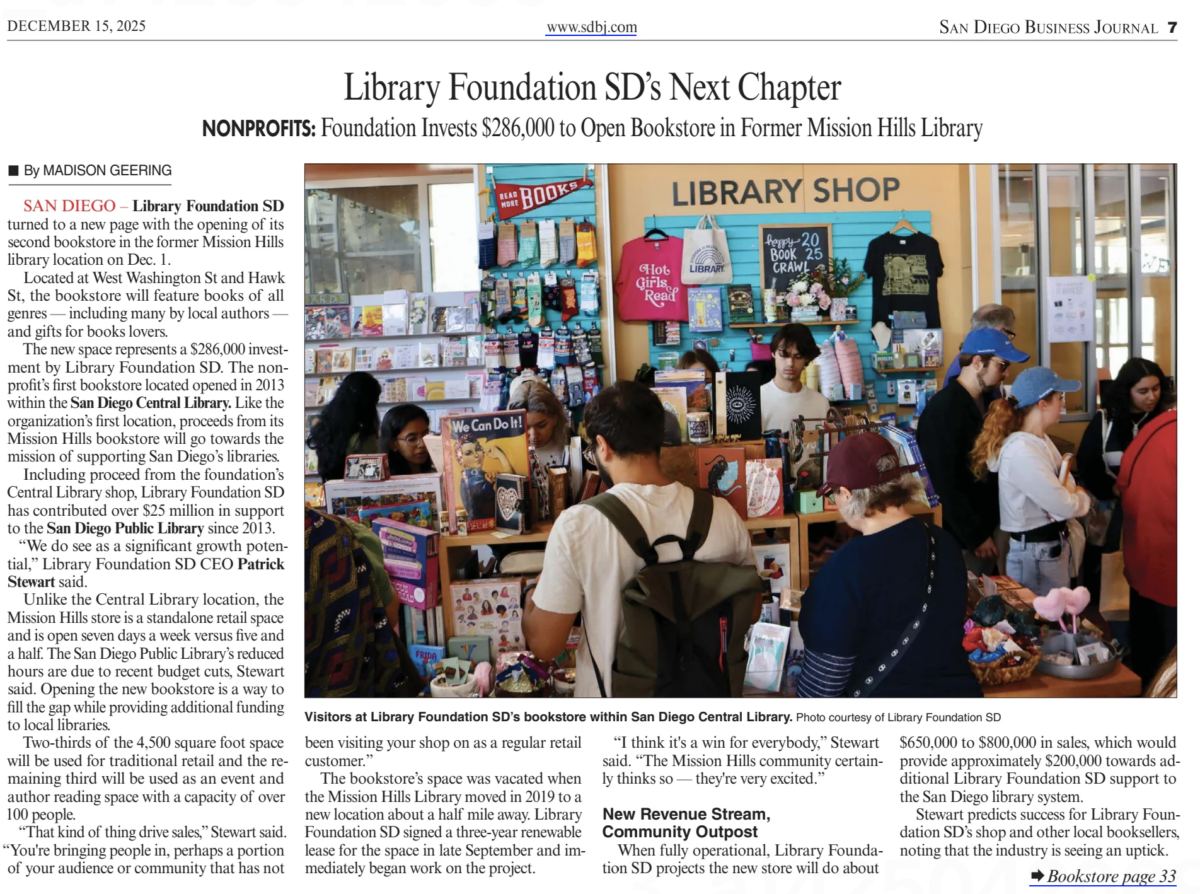 San Diego Business Journal article on Library Shop Mission Hills